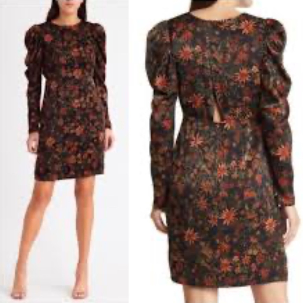 Chelsea28 Black Dress with Orange Floral Pattern puff sleeve NWT